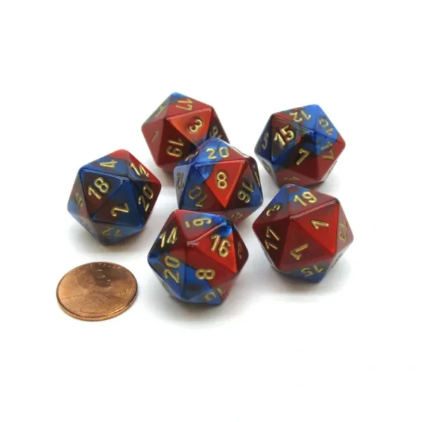 Gemini 20 Sided D20 Chessex Dice, 6 Pieces - Blue-Red with Gold Numbers - Your Source for Gaming Essentials New