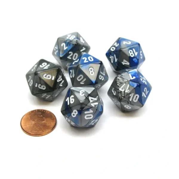 Gemini 20 Sided D20 Chessex Dice, 6 Pieces - Blue-Steel with White Numbers - Your Source for Gaming Essentials Clearance