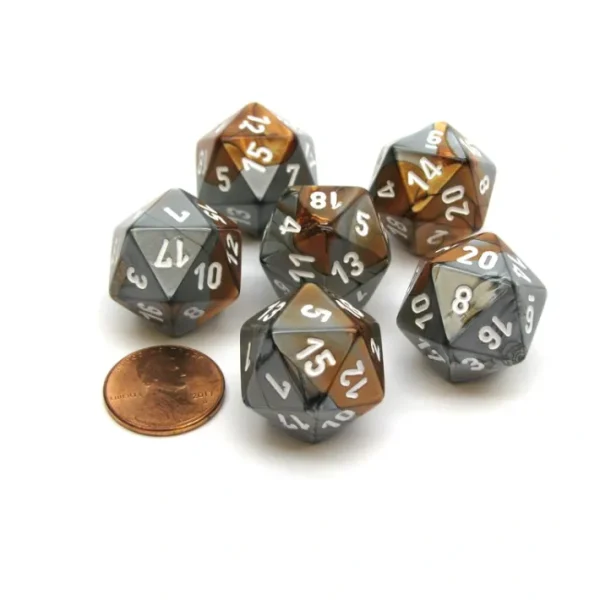 Gemini 20 Sided D20 Chessex Dice, 6 Pieces - Copper-Steel with White Numbers - Your Source for Gaming Essentials Cheap