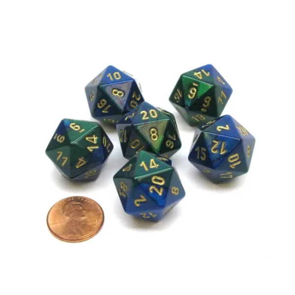 Gemini 20 Sided D20 Chessex Dice, 6 Pieces - Blue-Green with Gold Numbers - Your Source for Gaming Essentials Cheap