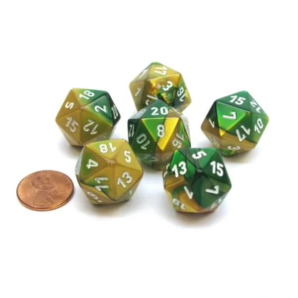 Gemini 20 Sided D20 Chessex Dice, 6 Pieces - Gold-Green with White Numbers - Your Source for Gaming Essentials Store