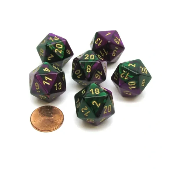 Gemini 20 Sided D20 Chessex Dice, 6 Pieces - Green-Purple with Gold Numbers - Your Source for Gaming Essentials Flash Sale