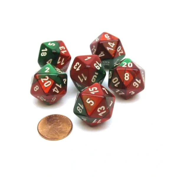 Gemini 20 Sided D20 Chessex Dice, 6 Pieces - Green-Red with White Numbers - Your Source for Gaming Essentials Store