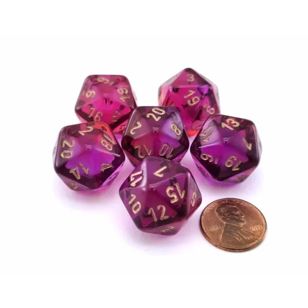 Gemini 20 Sided D20 Dice, 6 Pieces - Translucent Red-Violet with Gold Numbers - Your Source for Gaming Essentials Flash Sale