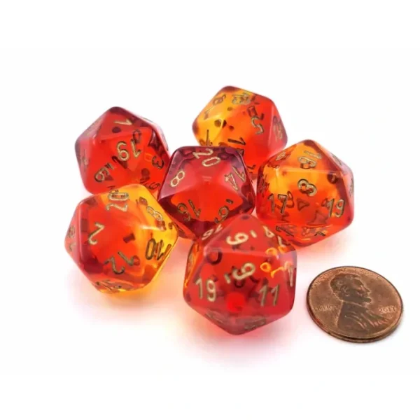 Gemini 20 Sided D20 Dice, 6 Pieces - Translucent Red-Yellow with Gold Numbers - Your Source for Gaming Essentials Hot