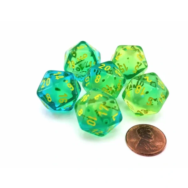 Gemini 20 Sided D20 Dice, 6 Pieces - Translucent Green-Teal with Yellow Numbers - Your Source for Gaming Essentials Flash Sale
