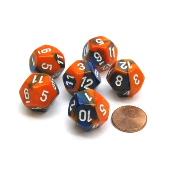 Gemini 18mm 12 Sided D12 Chessex Dice, 6 Pieces - Blue-Orange with White - Your Source for Gaming Essentials Clearance