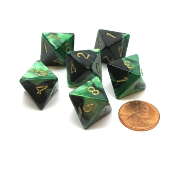 Gemini 15mm 8 Sided D8 Chessex Dice, 6 Pieces - Black-Green with Gold - Your Source for Gaming Essentials Best
