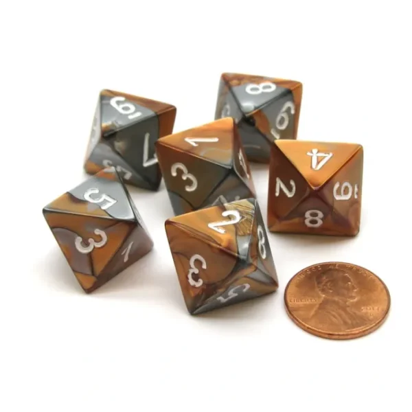 Gemini 15mm 8 Sided D8 Chessex Dice, 6 Pieces - Copper-Steel with White - Your Source for Gaming Essentials Online