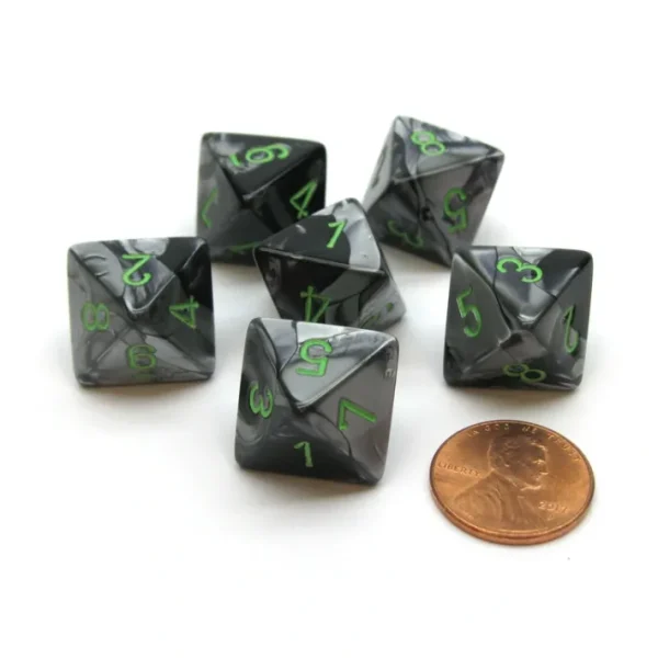Gemini 15mm 8 Sided D8 Chessex Dice, 6 Pieces - Black-Grey with Green - Your Source for Gaming Essentials Discount