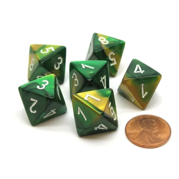 Gemini 15mm 8 Sided D8 Chessex Dice, 6 Pieces - Gold-Green with White - Your Source for Gaming Essentials Online