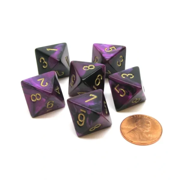 Gemini 15mm 8 Sided D8 Chessex Dice, 6 Pieces - Black-Purple with Gold - Your Source for Gaming Essentials Sale