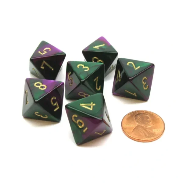 Gemini 15mm 8 Sided D8 Chessex Dice, 6 Pieces - Green-Purple with Gold - Your Source for Gaming Essentials Outlet