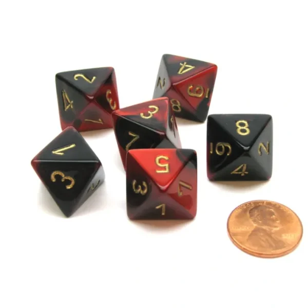 Gemini 15mm 8 Sided D8 Chessex Dice, 6 Pieces - Black-Red with Gold - Your Source for Gaming Essentials Outlet