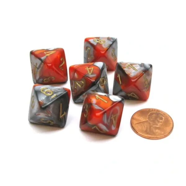 Gemini 15mm 8 Sided D8 Chessex Dice, 6 Pieces - Orange-Steel with Gold - Your Source for Gaming Essentials Cheap