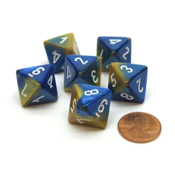 Gemini 15mm 8 Sided D8 Chessex Dice, 6 Pieces - Blue-Gold with White - Your Source for Gaming Essentials Online