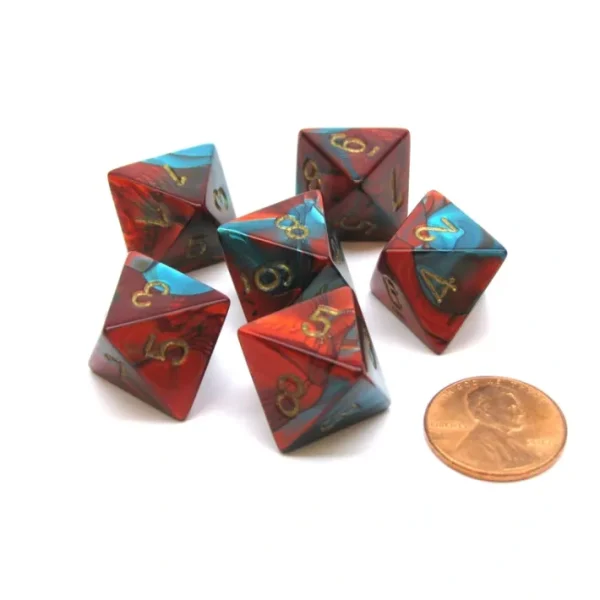 Gemini 15mm 8 Sided D8 Chessex Dice, 6 Pieces - Red-Teal with Gold - Your Source for Gaming Essentials Shop