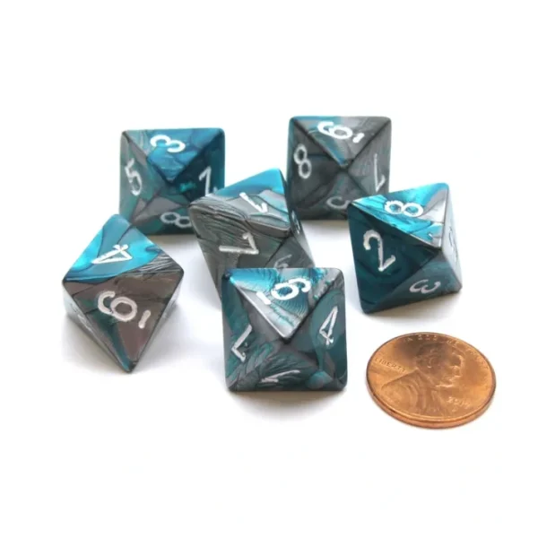 Gemini 15mm 8 Sided D8 Chessex Dice, 6 Pieces - Steel-Teal with White - Your Source for Gaming Essentials Sale