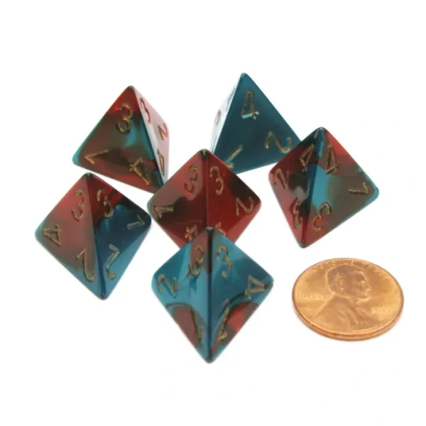 Gemini 18mm 4 Sided D4 Chessex Dice, 6 Pieces - Red-Teal with Gold - Your Source for Gaming Essentials New