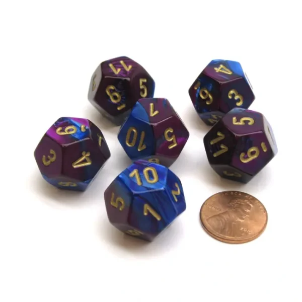 Gemini 18mm 12 Sided D12 Chessex Dice, 6 Pieces - Blue-Purple with Gold - Your Source for Gaming Essentials Clearance
