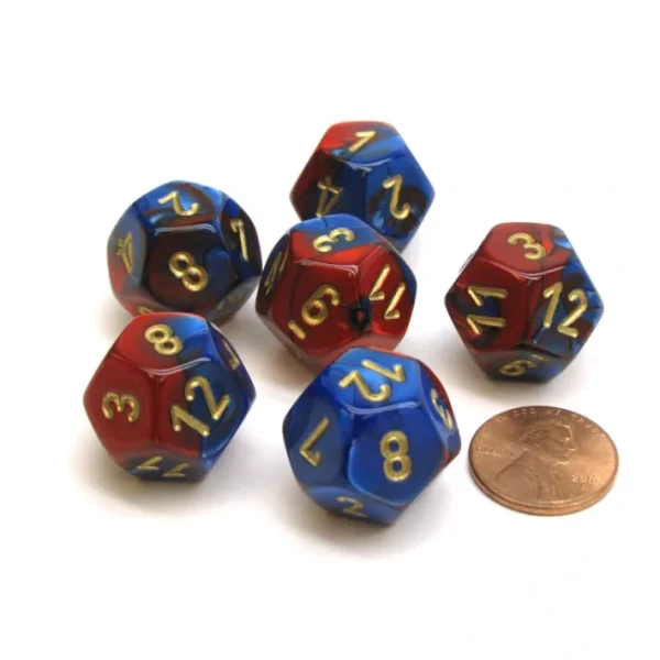 Gemini 18mm 12 Sided D12 Chessex Dice, 6 Pieces - Blue-Red with Gold - Your Source for Gaming Essentials Outlet