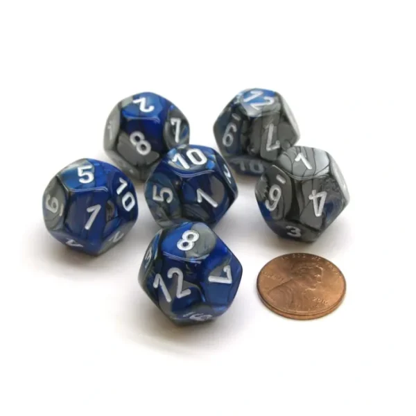 Gemini 18mm 12 Sided D12 Chessex Dice, 6 Pieces - Blue-Steel with White - Your Source for Gaming Essentials Best Sale