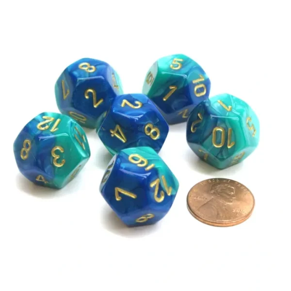 Gemini 18mm 12 Sided D12 Chessex Dice, 6 Pieces - Blue-Teal with Gold - Your Source for Gaming Essentials Fashion