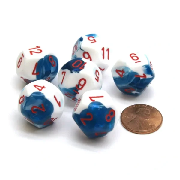 Gemini 18mm 12 Sided D12 Chessex Dice, 6 Pieces - Astral Blue-White with Red - Your Source for Gaming Essentials Shop