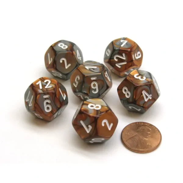 Gemini 18mm 12 Sided D12 Chessex Dice, 6 Pieces - Copper-Steel with White - Your Source for Gaming Essentials Clearance