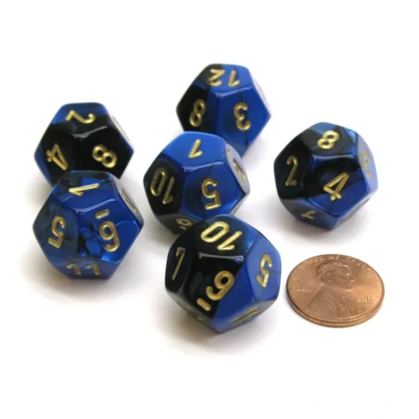 Gemini 18mm 12 Sided D12 Chessex Dice, 6 Pieces - Black-Blue with Gold - Your Source for Gaming Essentials Discount