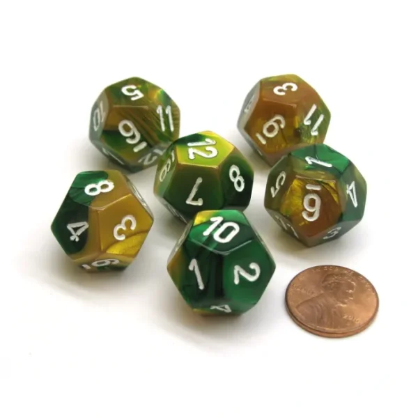 Gemini 18mm 12 Sided D12 Chessex Dice, 6 Pieces - Gold-Green with White - Your Source for Gaming Essentials Cheap