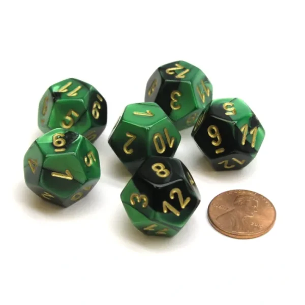 Gemini 18mm 12 Sided D12 Chessex Dice, 6 Pieces - Black-Green with Gold - Your Source for Gaming Essentials Online
