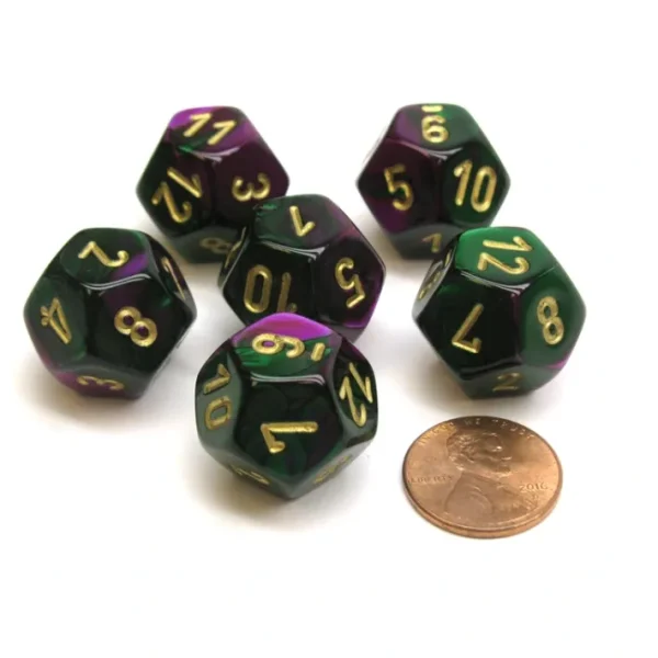 Gemini 18mm 12 Sided D12 Chessex Dice, 6 Pieces - Green-Purple with Gold - Your Source for Gaming Essentials Flash Sale