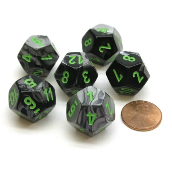 Gemini 18mm 12 Sided D12 Chessex Dice, 6 Pieces - Black-Grey with Green - Your Source for Gaming Essentials Online
