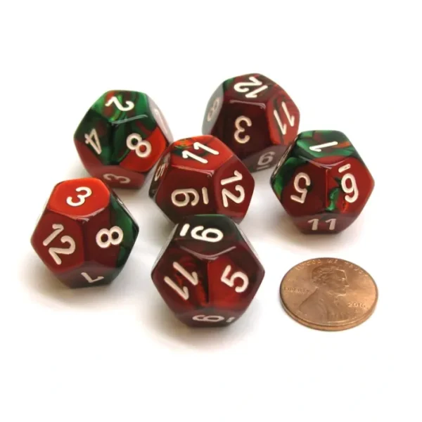Gemini 18mm 12 Sided D12 Chessex Dice, 6 Pieces - Green-Red with White - Your Source for Gaming Essentials Shop