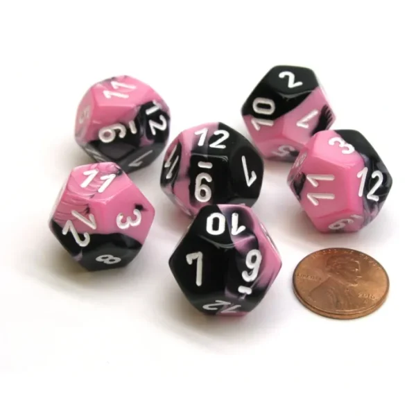 Gemini 18mm 12 Sided D12 Chessex Dice, 6 Pieces - Black-Pink with White - Your Source for Gaming Essentials Online