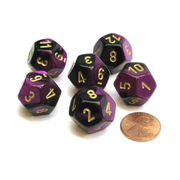 Gemini 18mm 12 Sided D12 Chessex Dice, 6 Pieces - Black-Purple with Gold - Your Source for Gaming Essentials Best Sale