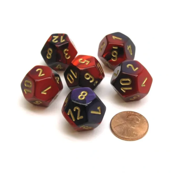 Gemini 18mm 12 Sided D12 Chessex Dice, 6 Pieces - Purple-Red with Gold - Your Source for Gaming Essentials Shop