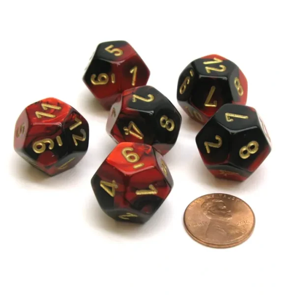 Gemini 18mm 12 Sided D12 Chessex Dice, 6 Pieces - Black-Red with Gold - Your Source for Gaming Essentials Best Sale