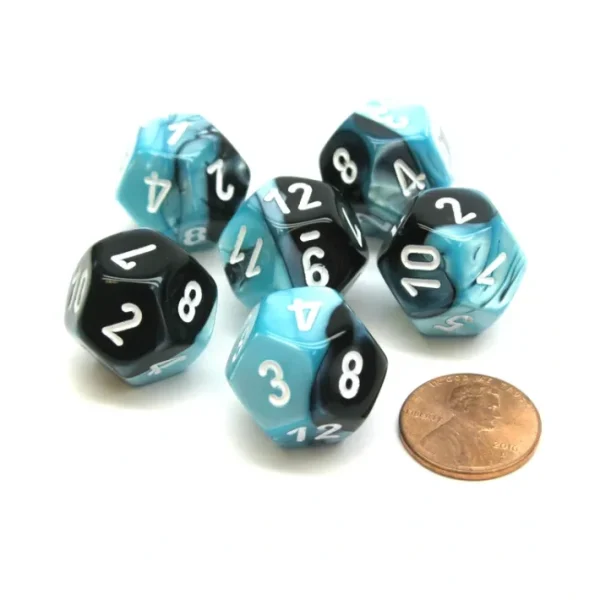 Gemini 18mm 12 Sided D12 Chessex Dice, 6 Pieces - Black-Shell with White - Your Source for Gaming Essentials Fashion