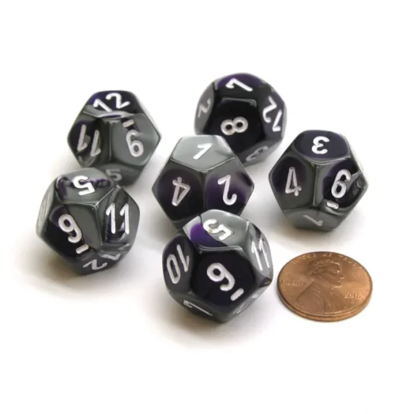 Gemini 18mm 12 Sided D12 Chessex Dice, 6 Pieces - Purple-Steel with White - Your Source for Gaming Essentials Fashion
