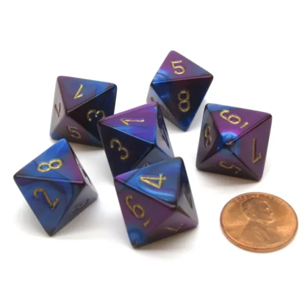 Gemini 15mm 8 Sided D8 Chessex Dice, 6 Pieces - Blue-Purple with Gold - Your Source for Gaming Essentials New