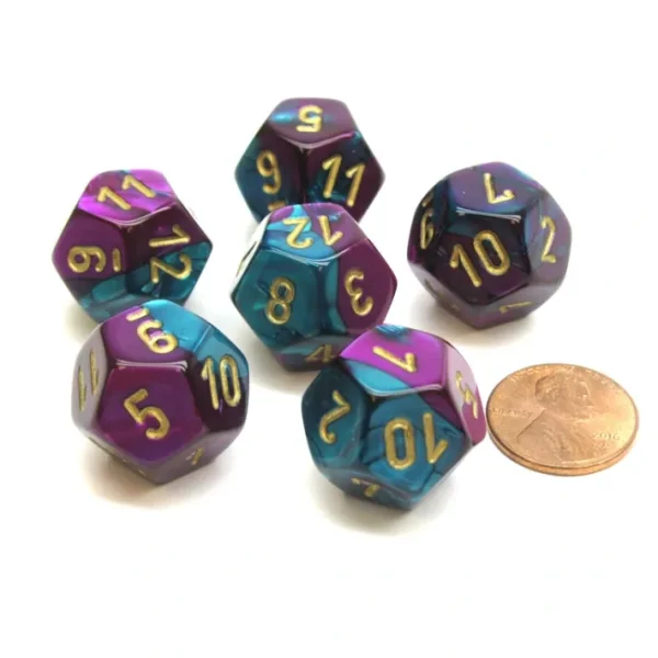 Gemini 18mm 12 Sided D12 Chessex Dice, 6 Pieces - Purple-Teal with Gold - Your Source for Gaming Essentials Sale