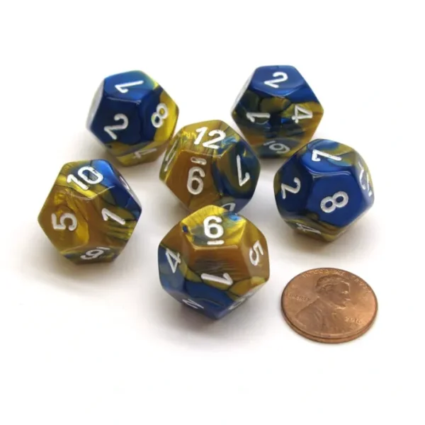 Gemini 18mm 12 Sided D12 Chessex Dice, 6 Pieces - Blue-Gold with White - Your Source for Gaming Essentials Store