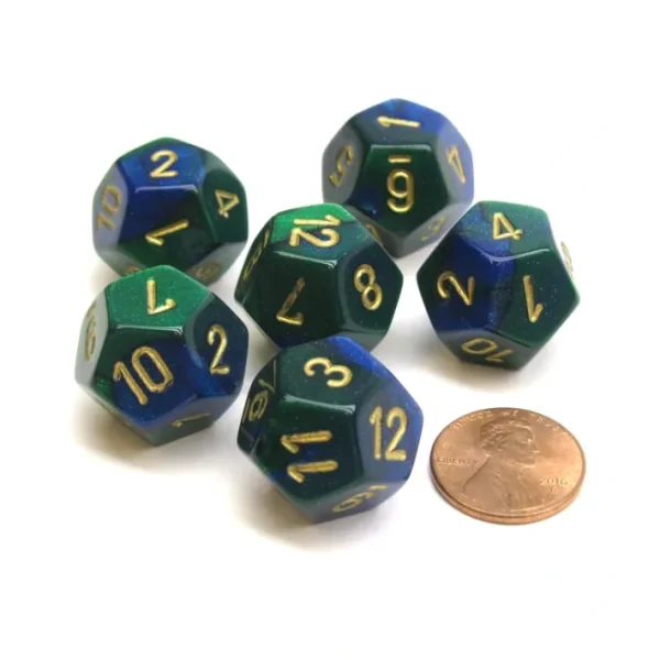 Gemini 18mm 12 Sided D12 Chessex Dice, 6 Pieces - Blue-Green with Gold - Your Source for Gaming Essentials Online