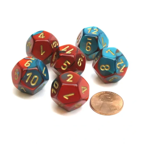 Gemini 18mm 12 Sided D12 Chessex Dice, 6 Pieces - Red-Teal with Gold - Your Source for Gaming Essentials Hot