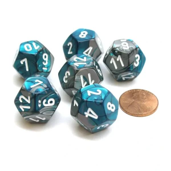 Gemini 18mm 12 Sided D12 Chessex Dice, 6 Pieces - Steel-Teal with White - Your Source for Gaming Essentials Flash Sale