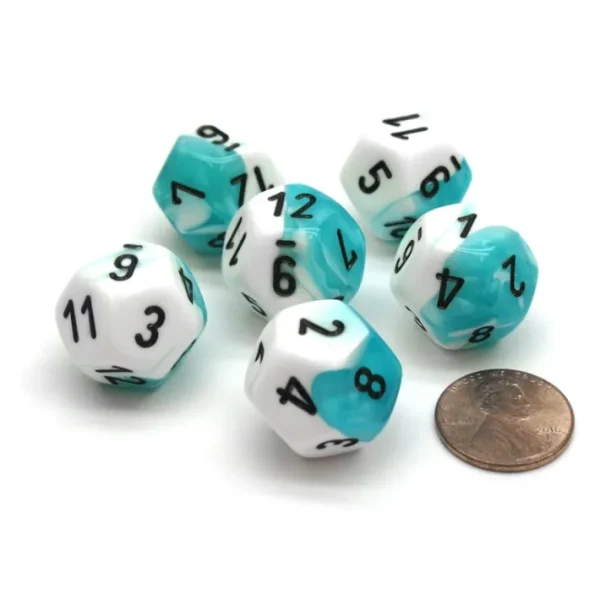 Gemini 18mm 12 Sided D12 Chessex Dice, 6 Pieces - Teal-White with Black - Your Source for Gaming Essentials Best Sale