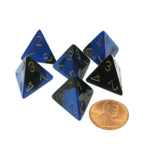 Gemini 18mm 4 Sided D4 Chessex Dice, 6 Pieces - Black-Blue with Gold - Your Source for Gaming Essentials Outlet