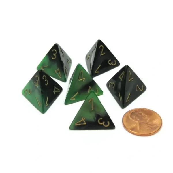 Gemini 18mm 4 Sided D4 Chessex Dice, 6 Pieces - Black-Green with Gold - Your Source for Gaming Essentials Shop
